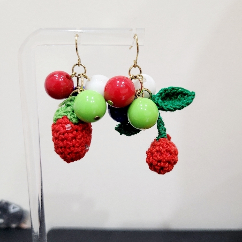 Brand New Handmade Gold Tone Cherry & Strawberry Earrings